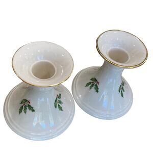 Lenox Traditional ivory Holly Berry Candle Holder Candlesticks gold foil trim